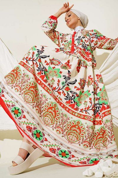 modaserdem 2423 Authentic Patterned Hijab Dress - Red
