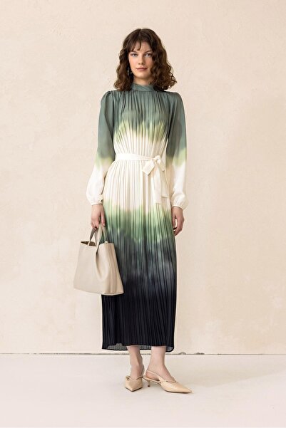 Olcay Πράσινο φόρεμα με σχέδιο Tie Dye - Pleat Long 9304-E