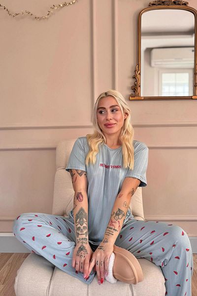 Pijamaevi Aqua Summer Vibes Patterned Short Sleeve Marlenka Women's Pajamas Set