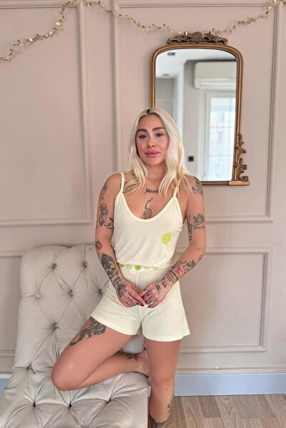 Pijamaevi Sarı Citron Fresh Desenli Örme Ip Askı Şortlu Kadın Pijama Takımı