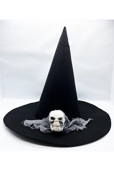 doremodam Pălărie de vrăjitoare tematică cu capul de schelet cu voal gri de culoare neagră 35x38 cm (Lisinya) - 448774-1453