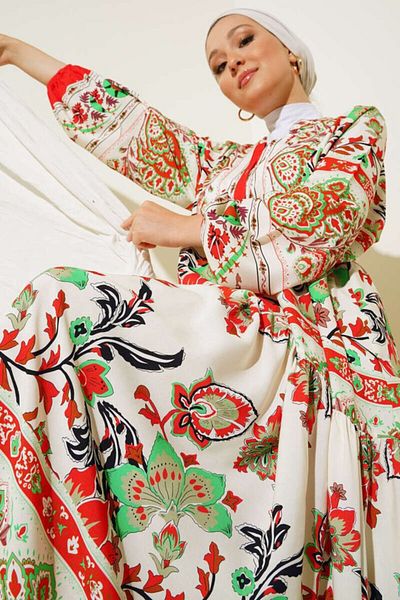 modaserdem 2423 Authentic Patterned Hijab Dress - Red
