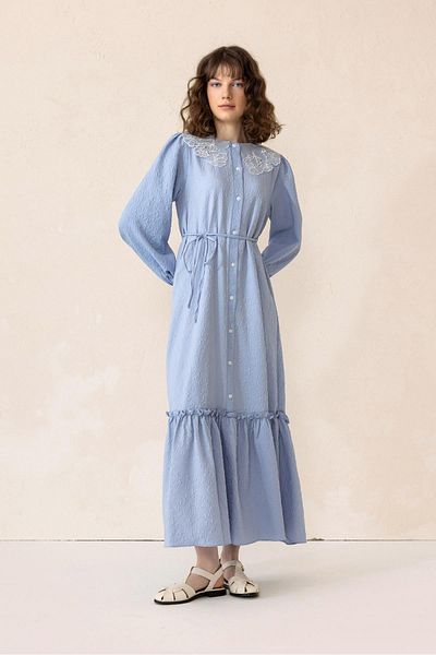 Olcay Mavi Yakası Fisteden detalle Rochie lungă din jacquard 9298-E