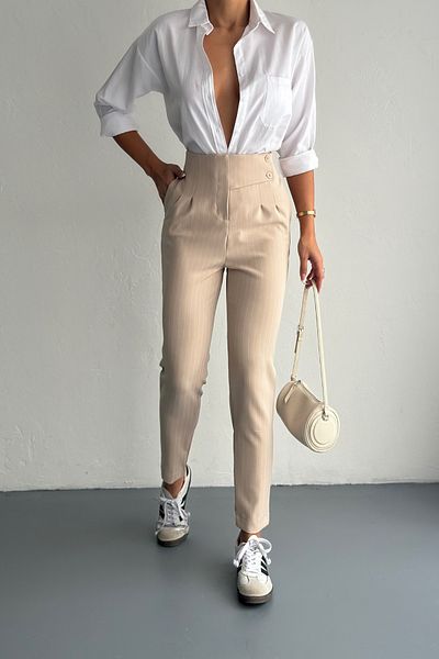 MOZENA Striped Double Fabric Waist Belt Detailed Carrot Trousers