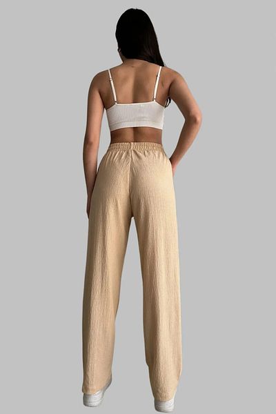 Ferhatlı Women's High Waist Elastic Wide Leg Palazzo Pants, Crinkle Fabric Lycra Bottom Wear