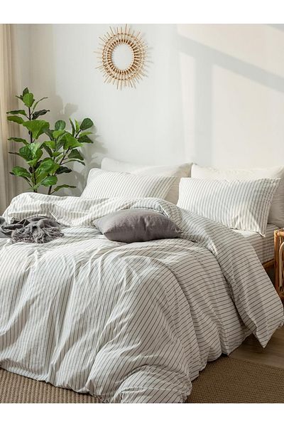 CAQQA White Stripe Double Duvet Cover Set |   Without Sheets