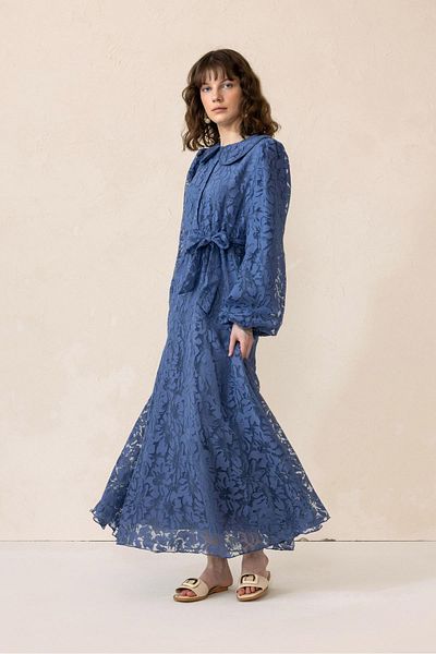 Olcay Detský golier s balónovým rukávom Guipure Fabric Dlhé šaty INDIGO 9300-E