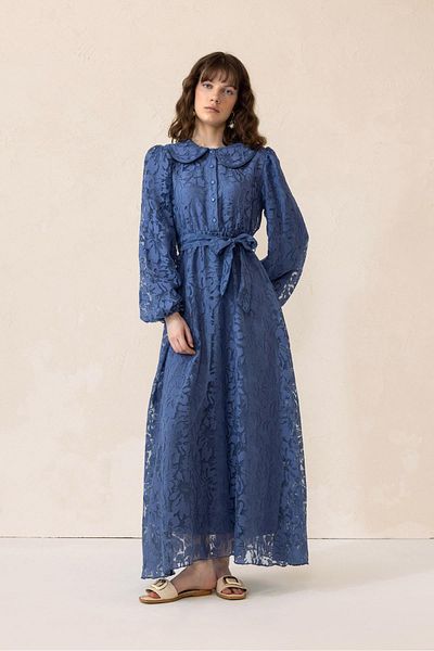 Olcay Detský golier s balónovým rukávom Guipure Fabric Dlhé šaty INDIGO 9300-E