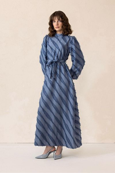 Olcay Blue 9299-E Long Dress - Tadriz Detail with Attack to Beauty