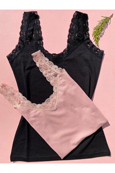 LEYNA BUTİK نسيج قطني مودال دانتيل حزام رقبة على شكل حرف V صندوق مكون من قطعتين قميص داخلي نسائي باللون الأسود والمسحوق