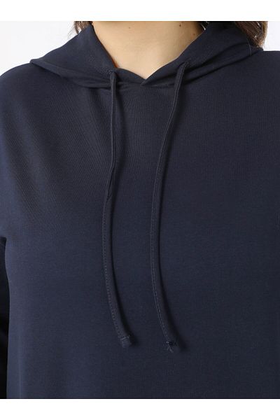 ALİA Cotton Hooded Sports Plus Size Dress - Navy Blue - Alia