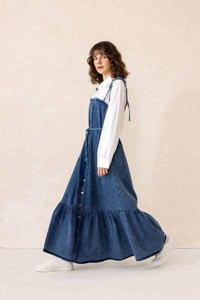Olcay Rochie din Denim - Cămașă - Fusta cu Volane Albastru 9305-E