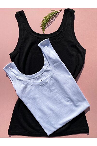 LEYNA BUTİK قميص رياضي نسائي من القماش المشروط بحزام سميك مع أنبوب إضافي معبأ في صندوق مكون من قطعتين باللونين الأبيض والأسود