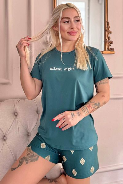 Pijamaevi Emerald Silent Patterned Short Sleeve Shorts Knitted Women's Pajamas Set