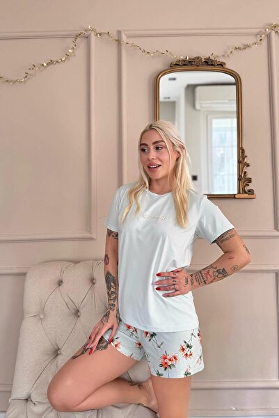 Pijamaevi Su Yeşili Spring is My Life Desenli Kısa Kollu Şortlu Örme Kadın Pijama Takımı