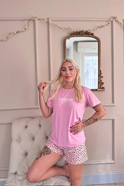 Pijamaevi Σετ γυναικεία πιτζάμα με κοντομάνικο σορτς με ροζ μοτίβο Bonjour