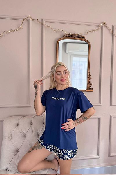 Pijamaevi Navy Blue Floral Days Patterned Short Sleeve Knitted Women's Pajama Set with Shorts
