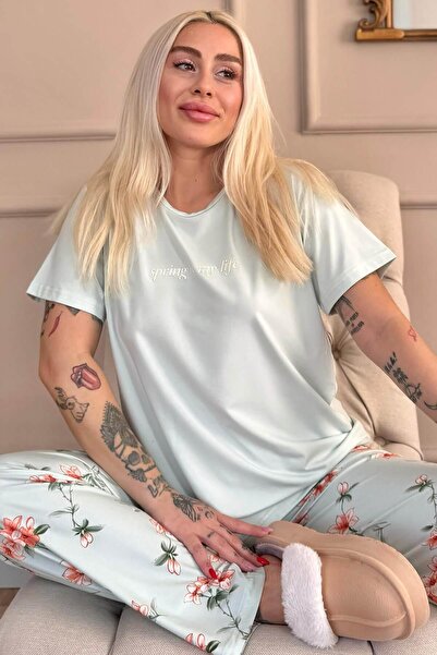 Pijamaevi Mint Spring is My Life Floral στάμπα κοντομάνικο πλεκτό σετ γυναικε...