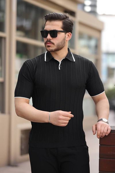 CAN Men's Polo Neck Stripe Detailed Knitwear T-Shirt