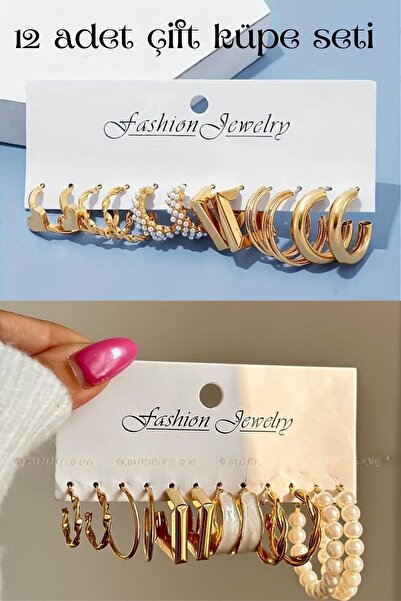 Perry Accesories 12 adet incili halka küpeli klipsli kombin küpe seti çoklu inci küpe kadın küpe