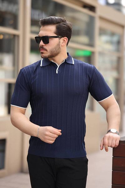 CAN Men's Polo Neck Stripe Detailed Knitwear T-Shirt