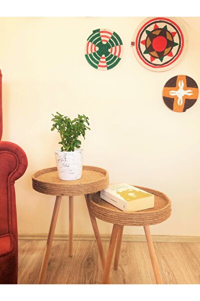 AEKI Design&Art İkili Hasır Kaplı Zigon Sehpa - Bohem Tarzı Dekoratif Sehpa- ...