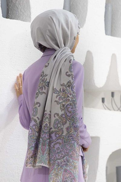 Vissona 100% Silk Ethnic Patterned Silver Colored 92X210 Shawl