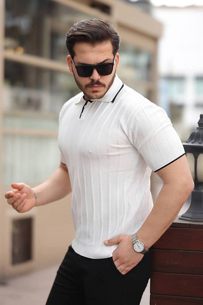 CAN Men's Polo Neck Stripe Detailed Knitwear T-Shirt