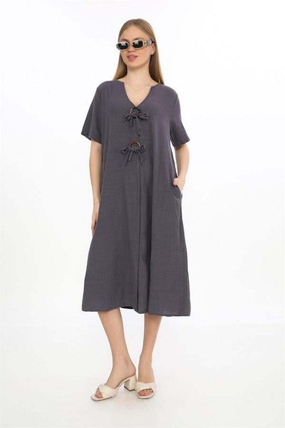 EREN STYLE Λινό φόρεμα Bohemian με μισό μανίκι με λαιμόκοψη V με λεπτομέρεια