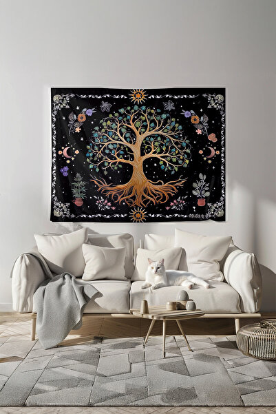 Nivendi Yaşam Ağacı Canlı Renkli Kumaş Duvar Örtüsü Ev Dekorasyon Duvar Halıs...