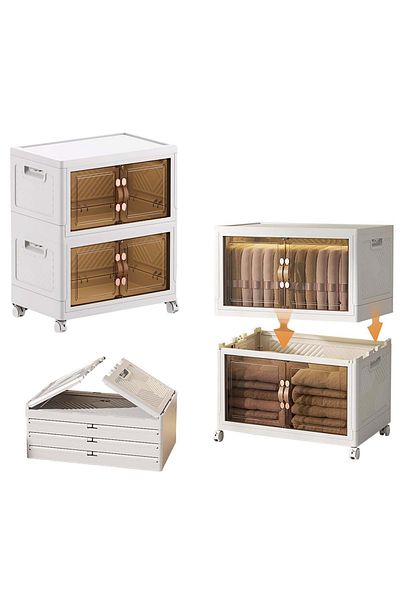 EqiEch Stackable Folding Storage Bins With Lids, 2-layer Portable Plastic Cabinet With Wheels