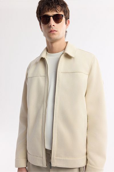 Avva Men's Beige Classic Collar Zippered Suede Coat A51Y6005