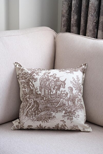 Beige & Stone Brown Vintage Patterned 45X45 Decorative Pillow Case