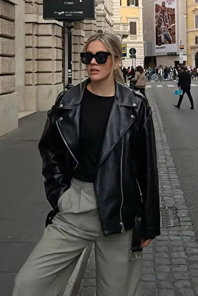 Jaglion Μπουφάν δερμάτινο μακρύ oversize γυναικείο μαύρο