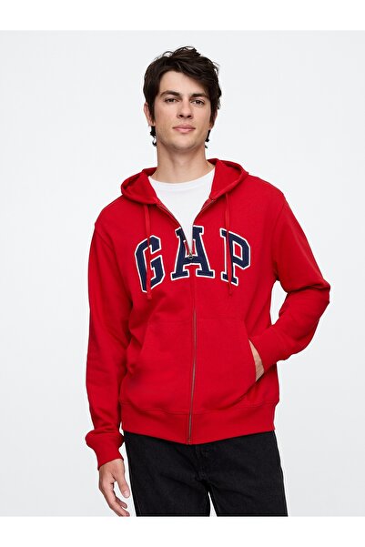 GAP Erkek Kırmızı Logo Fermuarlı Fransız Havlu Kumaş Sweatshirt