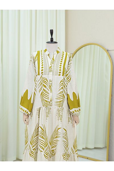 Modamorfo Stand Collar Half Button Piece Dress -Cream