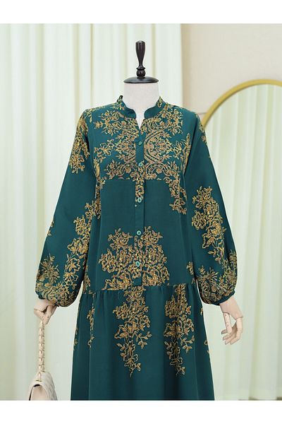 Modamorfo Emerald Stand Collar Half Button Fragmented Dress