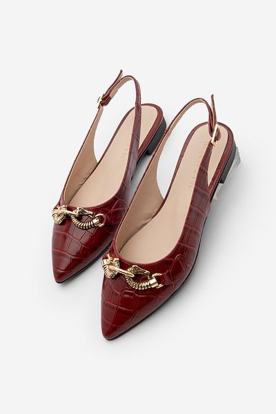 Marjin Damen-Ballerinas mit spitzer Zehenpartie, offener Rücken, Schal und Schnalle, lässig, Kroko-Farbe, Rot