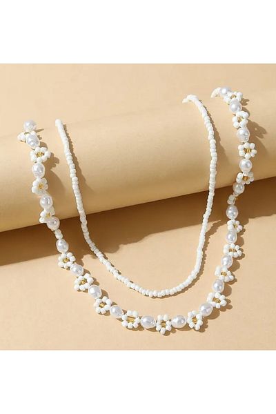 MYSTERY TAKI AKSESUAR Double Pearl Daisy Necklace