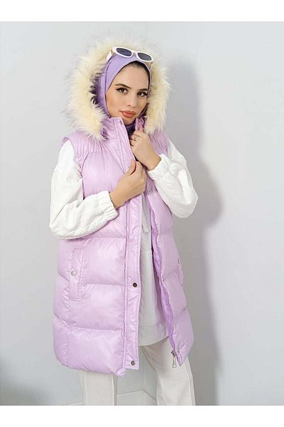 MODANİSA Hooded Puffer Vest - Lilac - Minel