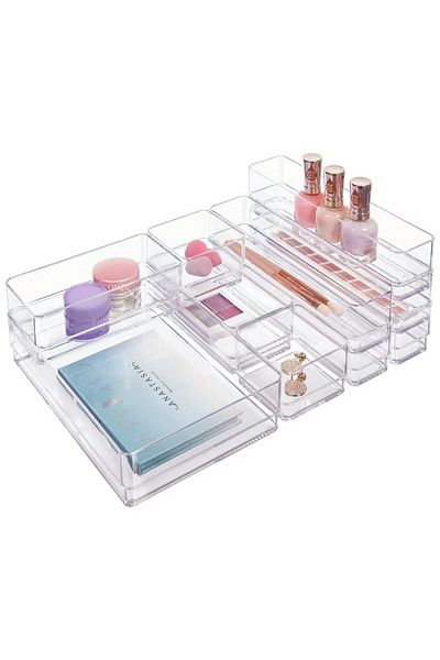 COOYA 10-Piece Stackable Clear Drawer Organizer Set, Multi-size Trays, Makeup Vanity Storage Bins