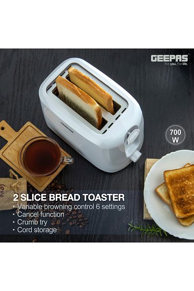 Geepas 2 Slice Bread Toaster Variable Browning Settings| Cancel Function, Removable Crumb Tray , Wide Slots