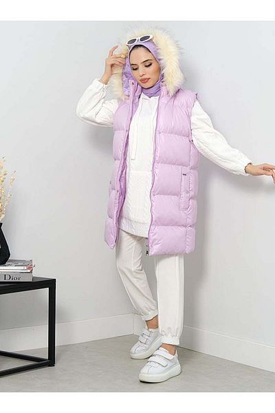 MODANİSA Hooded Puffer Vest - Lilac - Minel