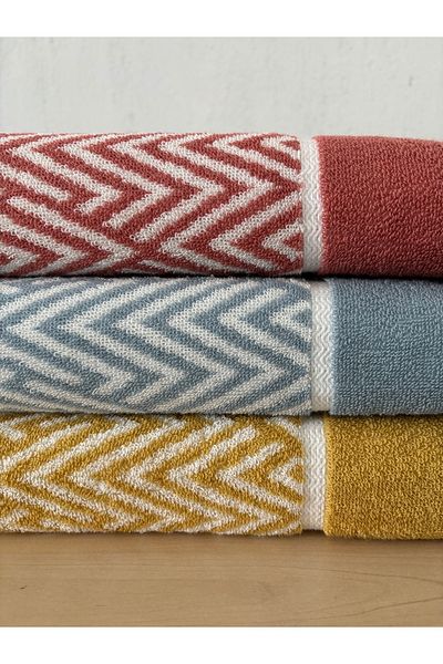 Sevim Yarn Dyed Hand/Face Towel - 100% Cotton & Soft & Zigzag Striped Towel - 45X90 cm - Mustard