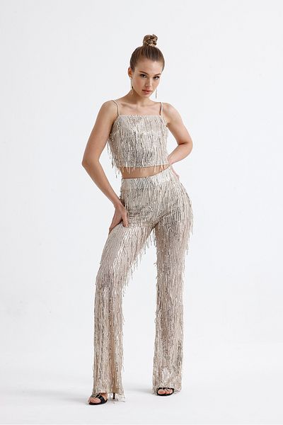 Sense Lined Flexible Waist Sequins, Evening Dress Pants |   Beige Pnt36031