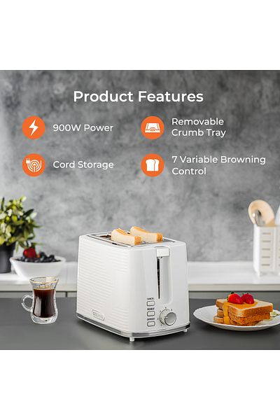 Geepas Bread Toaster 2 Slice Slot| 7 Adjustable Browning Control and Removable Crumb Tray| Reheat, Defrost