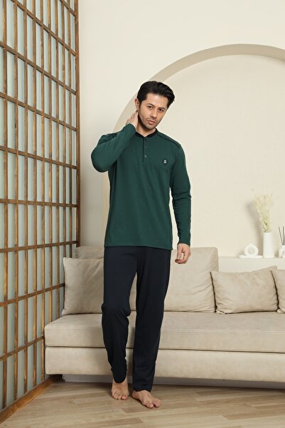 MODAREYA Ανδρικές πιτζάμες με μακρυμάνικο εποχιακό πράσινο χρώμα χτενισμένο βαμβάκι