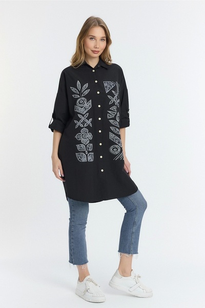 SUMEF Chilean Floral Oversized Women's Shirt-Black