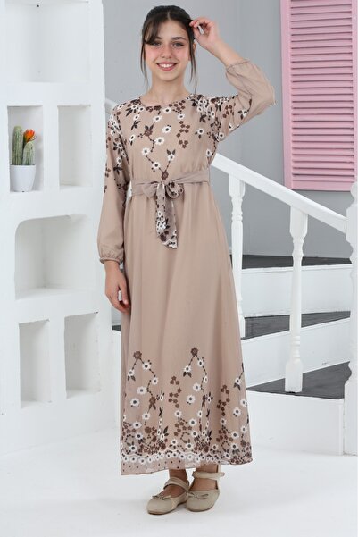 Asortix Kız Çocuk Astarlı Tam Boy Çiçek Desenli İç Göstermeyen Şık ve Rahat Uzun Elbise