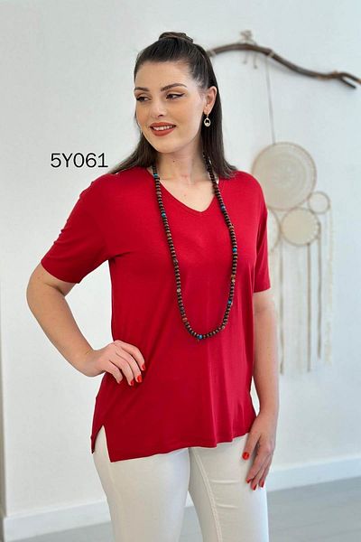 İnce Topuk V-Neck Slit Viscose Tshirt 5Y061